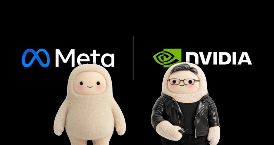 메타 Jolly 옆에 안경과 가죽 재킷 차림의 털뭉치 젠슨 황이 서 있는 발표 이미지