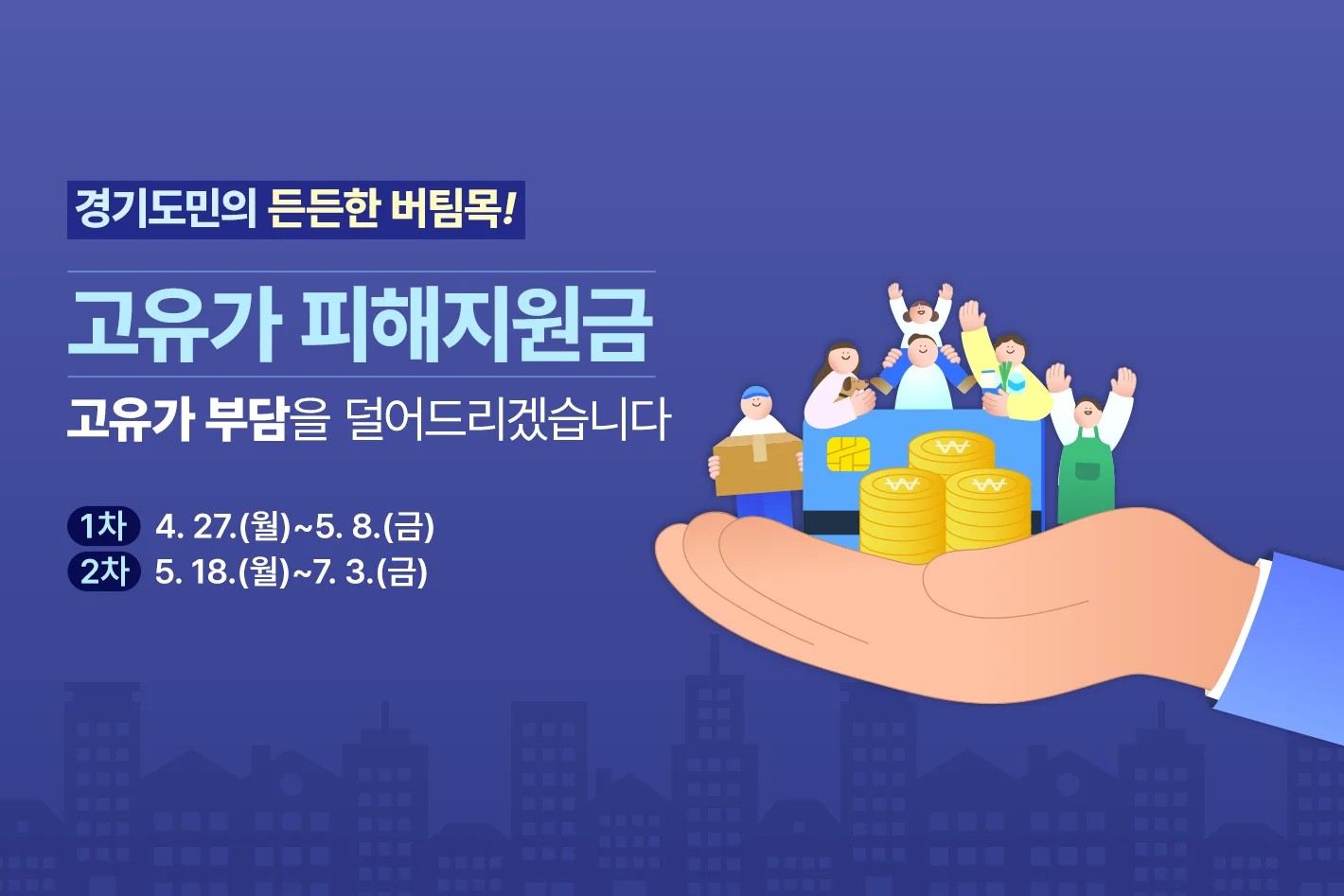 경기도민의 든든한 버팀목!  고유가 피해지원금 고유가 부담을 덜어드리겠습니다  1차: 4. 27.(월)~5. 8.(금) 2차: 5. 18.(월)~7. 3.(금)