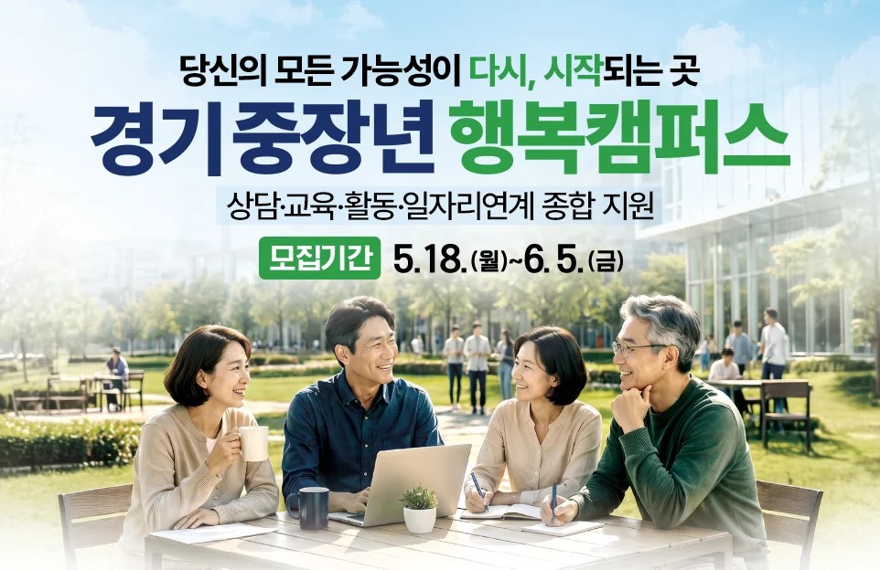당신의 모든 가능성이 다시, 시작되는 곳  경기 중장년 행복캠퍼스  상담·교육·활동·일자리연계 종합 지원  모집기간 : 5. 18.(월)~6. 5.(금)