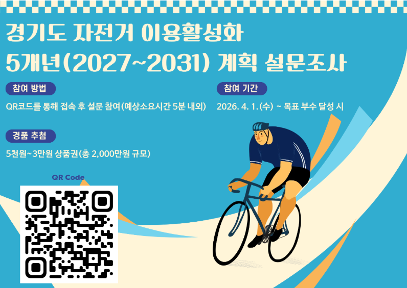 경기도 자전거 이용 활성화 5개년(2027~2031) 계획 설문조사 참여방법: 2026. 7. 6. (월) ~목표 부수 달성 시 경품 추첨: 5천원~3만원 상품권(총 2,000만원 규모) 