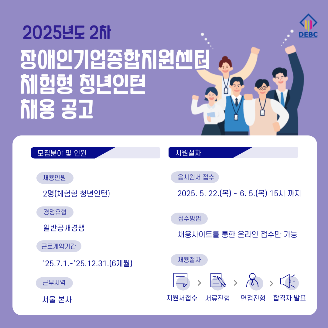 <사진 설명 시작>장애인기업종합지원센터에서 2025년 제2차 체엄형 청년인턴 채용을 공고합니다.<사진 설명 끝>