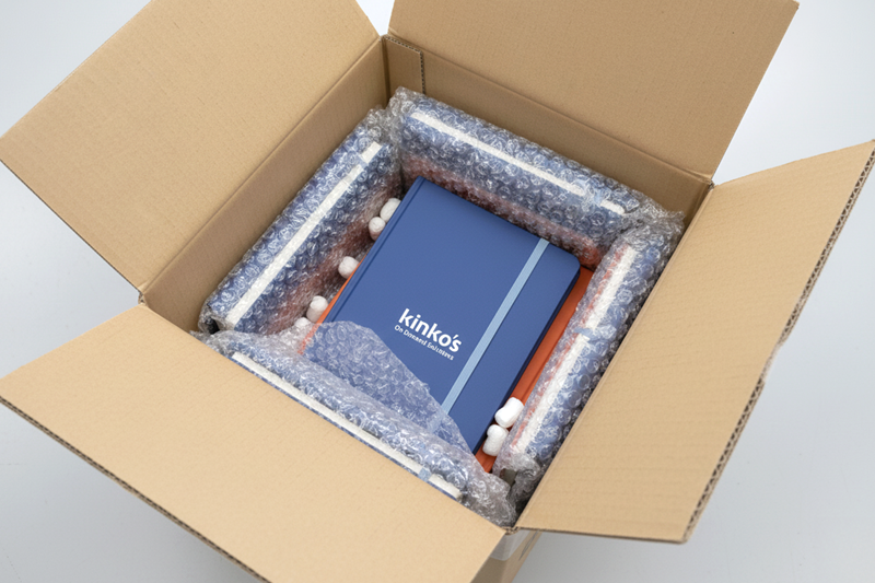 킨코스 로고가 새겨진 다이어리가 꼼꼼히 포장되어 박스에 담겨져 있는 모습