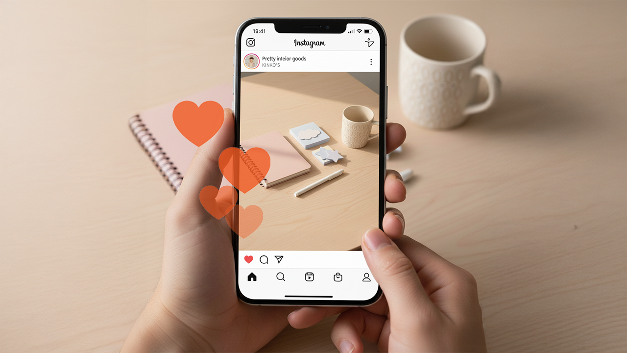 자사 다이어리를 받은 후 마음에 들어 사진을 찍어 SNS에 업로드하는 모습, 시즌 브랜딩 자산으로 잘 만들어진 킨코스의 시즌성 인쇄물 제작관리 솔루션의 예시