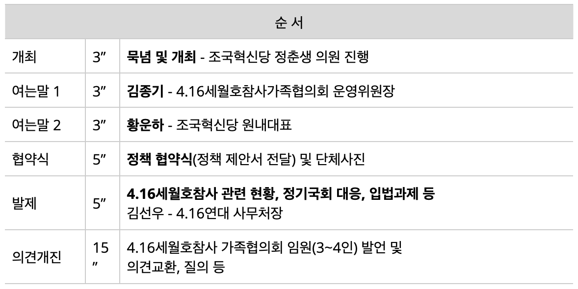 [취재요청서] 조국혁신당과 (사)4.16세월호참사가족협의회, 세월호참사 진상규명과 안전사회 건설을 위한 정책협약식