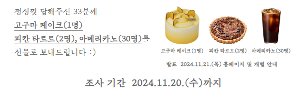정성껏 답해주신 응답자 중 33분께 고구마케이크, 타르트, 아메리카노 등 증정