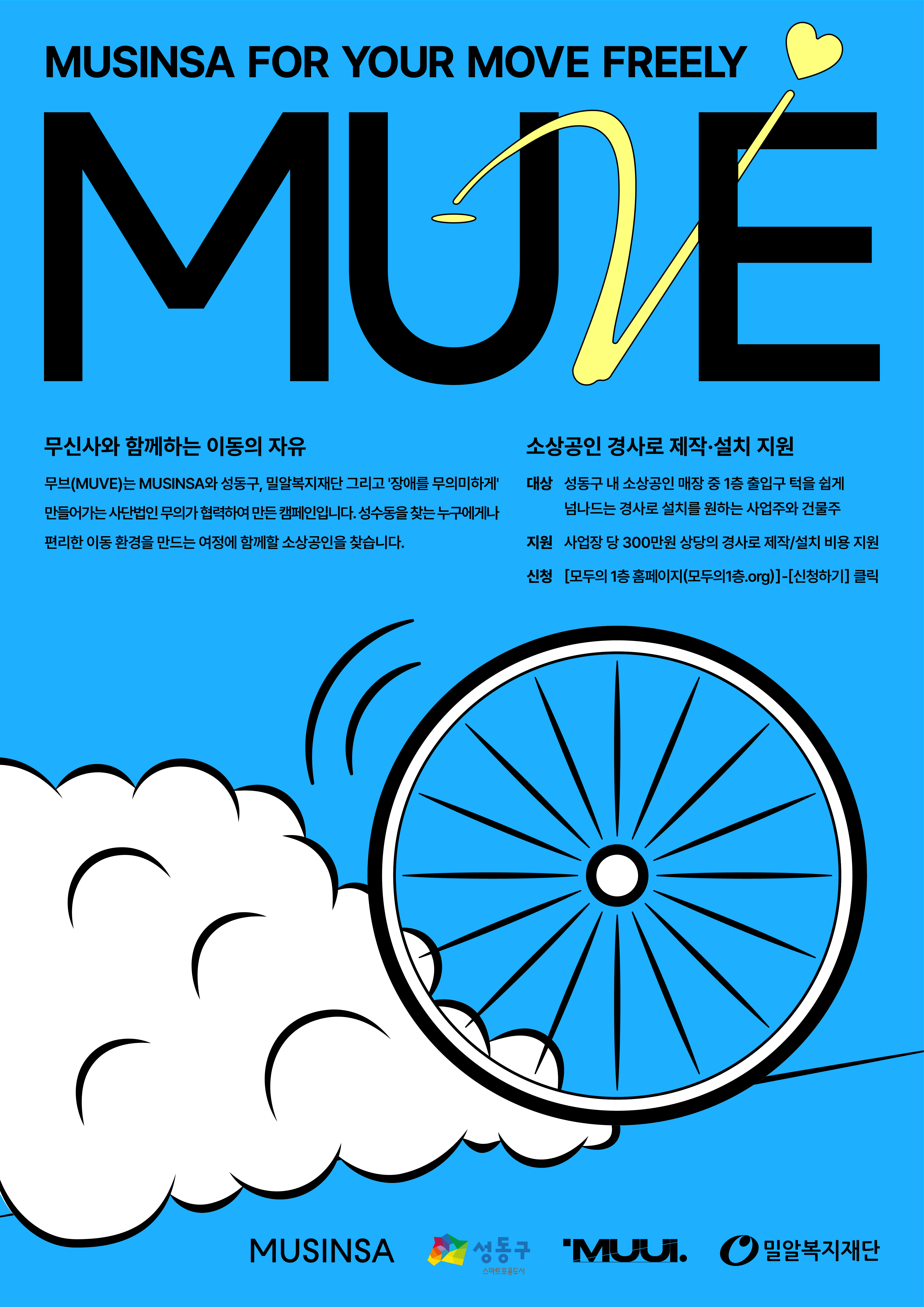 무신사X성동구X밀알복지재단X무의의 성동구 소상공인 경사로 설치 지원사업 포스터. 파란색 배경에 윗쪽에 커다랗게 MUVE라고 쓰여있으며 중간에 작은 글씨로 사업 내용이 적혀있다. 아래쪽에는 굴러가는 바퀴와 하얀 뭉게구름 그림이 있다.
