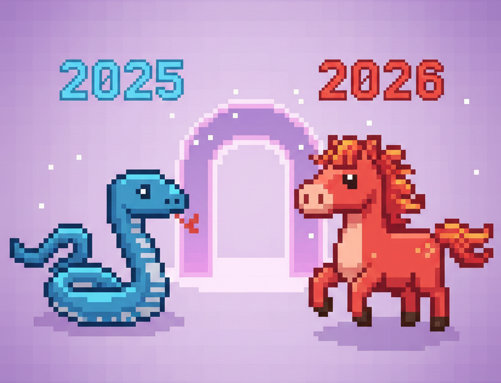 왼쪽에 2025와 푸른 뱀, 오른쪽에 2026과 붉은 말이 그려진 그림.