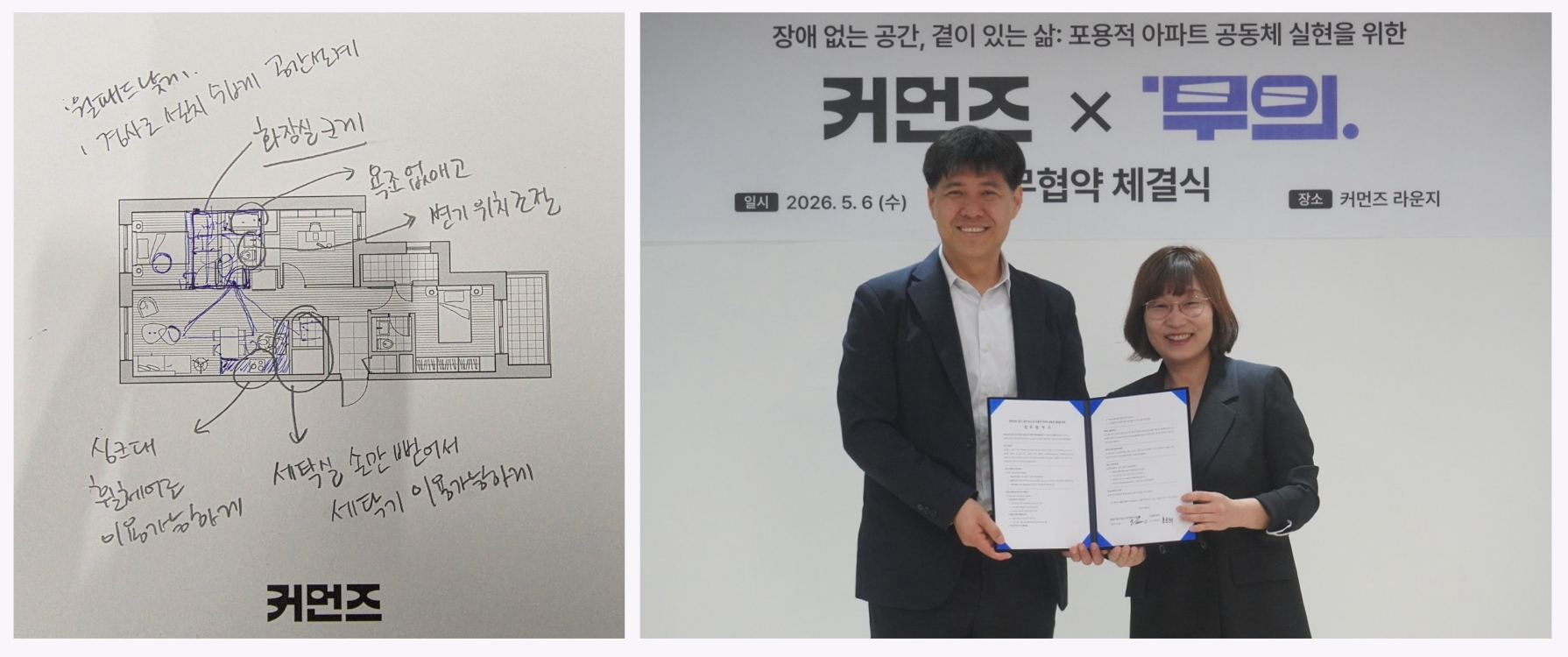 (좌) 휠체어 이용자를 고려해 화장실과 생활 공간을 개선한 주거 설계 도면. (우) 무의와 커먼즈 관계자가 유니버설 디자인 주거환경 조성을 위한 업무협약을 체결하고 있다.