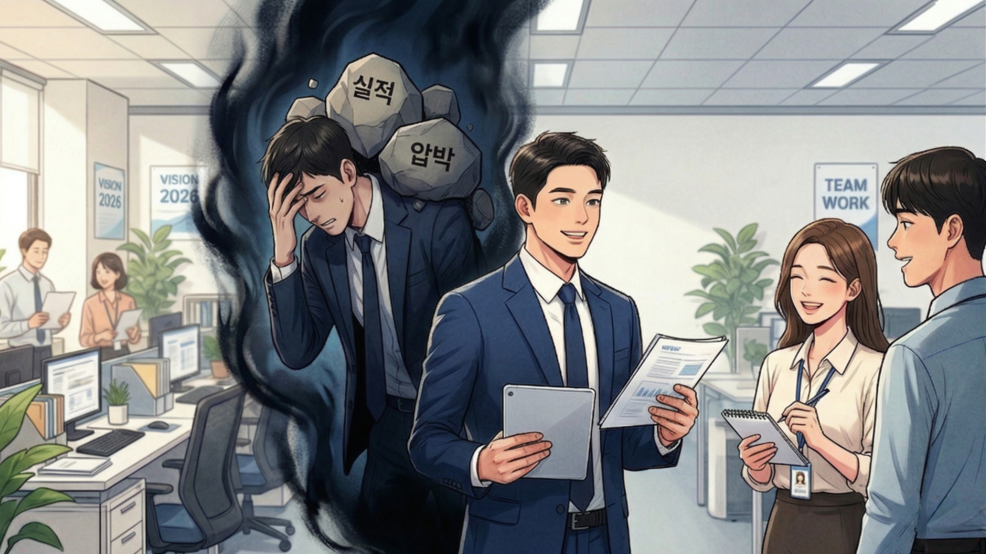 겉으로는 팀원들 앞에서 밝게 웃고 있지만, 이면에서는 