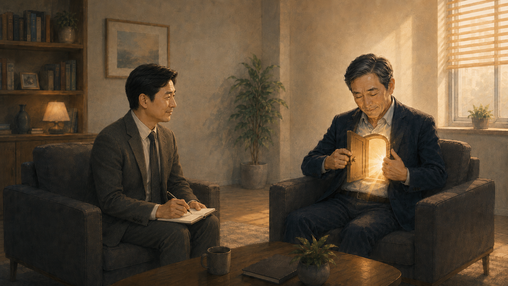 코칭을 통해 스스로 닫혀있던 문을 열고, 자신의 사명/비전/실행을 찾은 본부장님의 모습을 담은 일러스트
