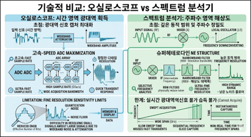 기술적 비교표: 오실로스코프 vs 스펙트럼 분석기