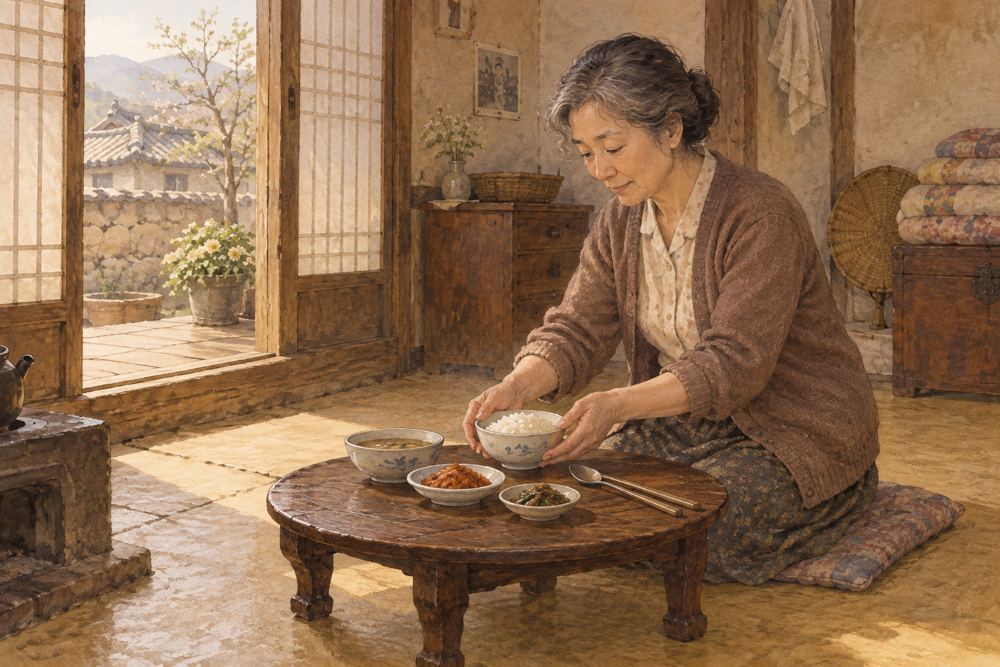 오래된 한국 집에서 혼자 먹을 소박한 밥상을 정성껏 차리는 여인. AI로 제작한 삽화.