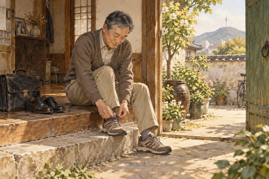 옛집 현관에서 편한 신발을 신고 새로운 하루를 준비하는 남자. AI로 제작한 삽화.