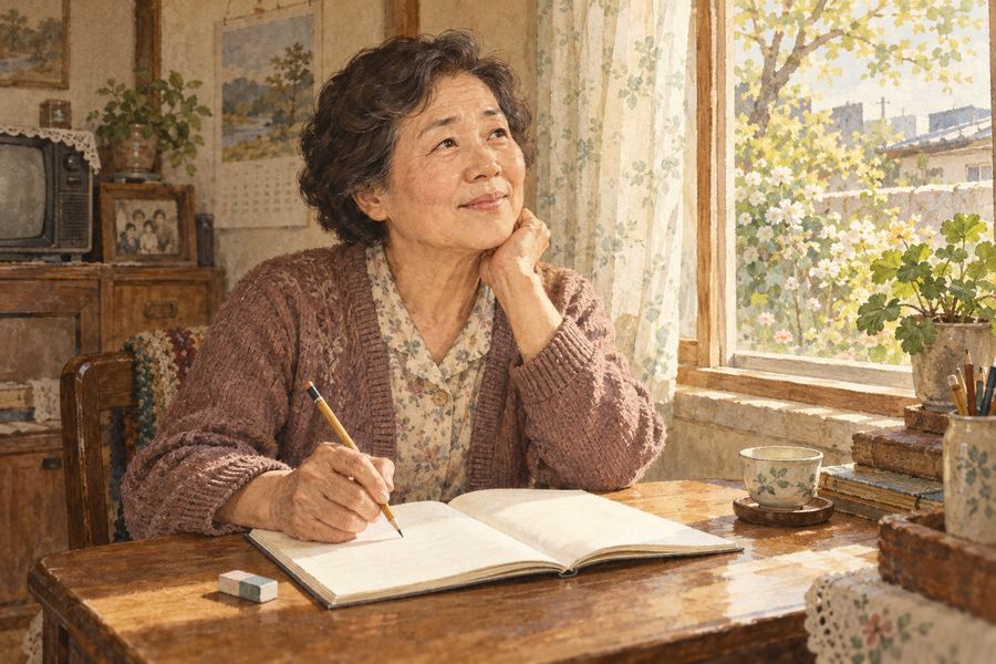햇살이 드는 창가에서 공책을 펴고 배움을 시작하는 여인. AI로 제작한 삽화.