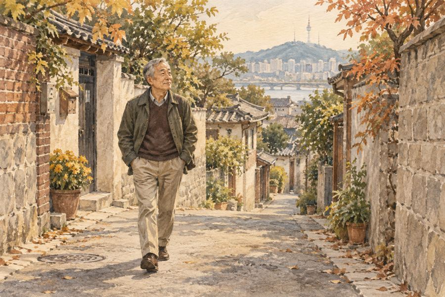 낡은 명함을 내려놓고 동네 골목을 산책하는 은퇴한 남자. AI로 제작한 삽화.