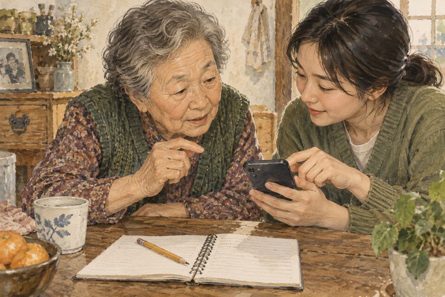 따뜻한 방에서 스마트폰 사용법을 천천히 배우는 여인. AI로 제작한 삽화.