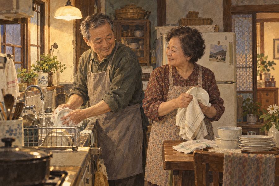 저녁 식사 뒤 나란히 서서 설거지하는 부부. AI로 제작한 삽화.