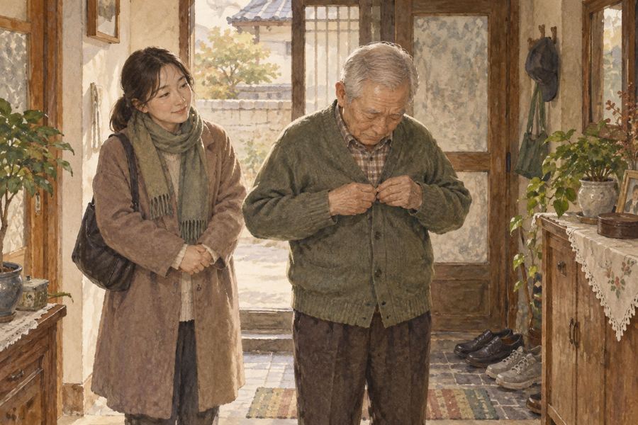 외출을 준비하는 아버지의 옷 단추를 여미는 손. AI로 제작한 삽화.