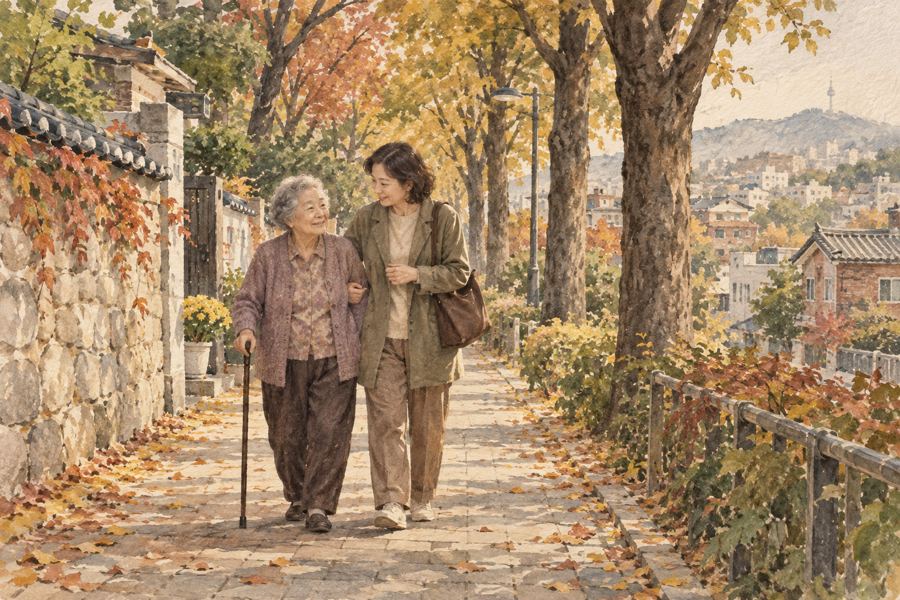 천천히 나란히 동네 길을 걷는 어머니와 딸. AI로 제작한 삽화.