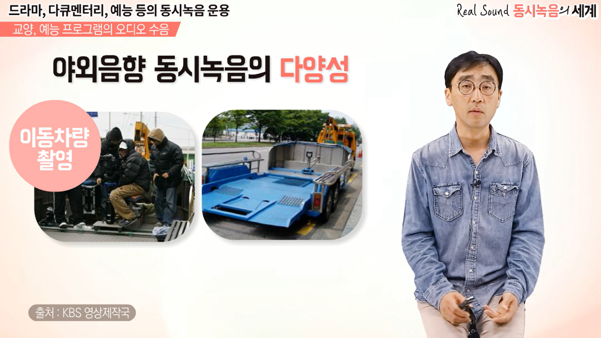 자료화면 1. 교양, 예능 프로그램의 오디오 수음. 야외음향 동시녹음의 다양성-이동차량 촬영  시 오디오 톤을 일정 수준 유지하려면 주변 소음 고려 촬영 (강의 영상 내 자료 화면, 자료 출처 : kbs 영상제작국), 자료화면2.  야외음향 동시 녹음의 다양성-목욕탕 촬영 시  (강의 영상 내 자료 화면, 자료 출처 : kbs 영상제작국)