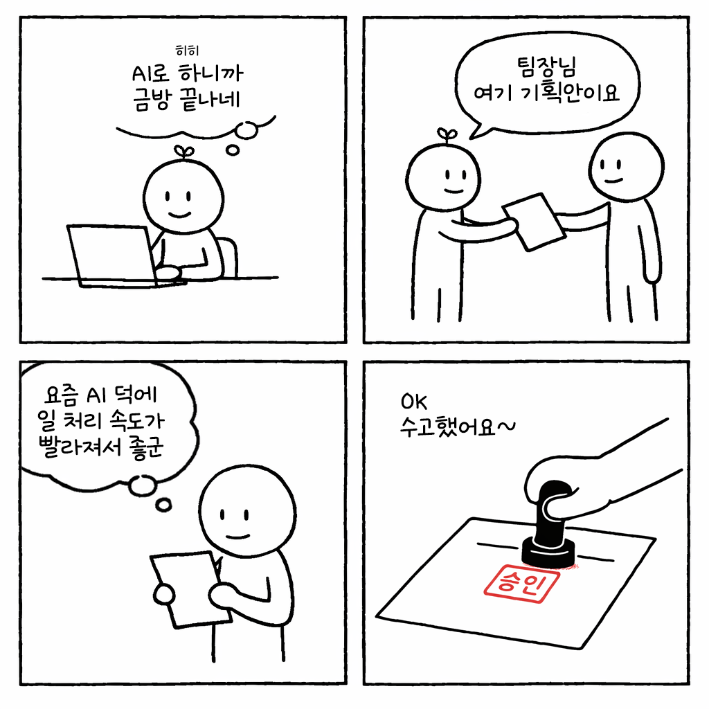 AI 활용을 통해 일을 쉽게 하는 구성원과 이를 그냥 받아들이는 리더의 모습