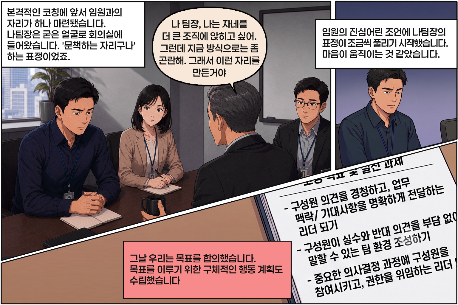 2막 만화: 코칭 시작 전 임원과의 자리가 마련됐다. 시종일관 삐딱한 자세였던 나이슈 팀장은 임원의 진심 어린 조언에 마음이 풀린다.